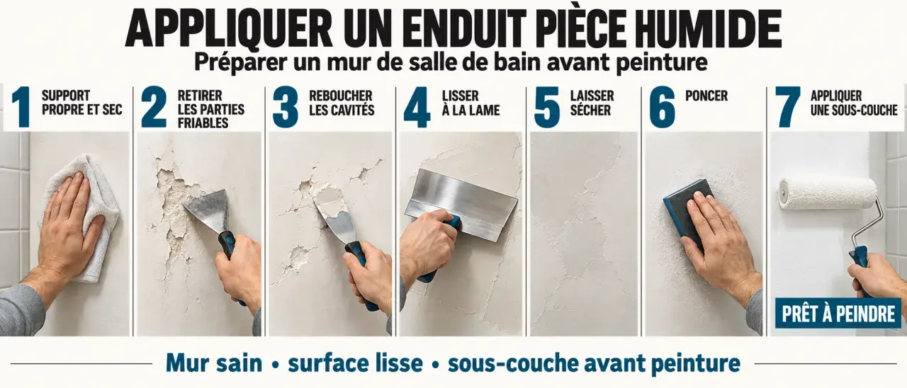 Application d’un enduit pièce humide sur un mur de salle de bain, étape par étape