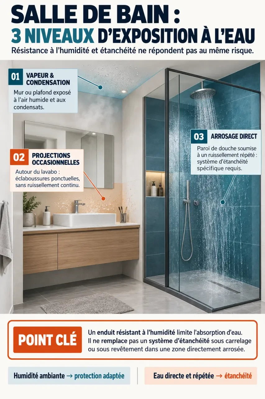 Enduit pièce humide : distinction entre condensation, projections et zone nécessitant une étanchéité