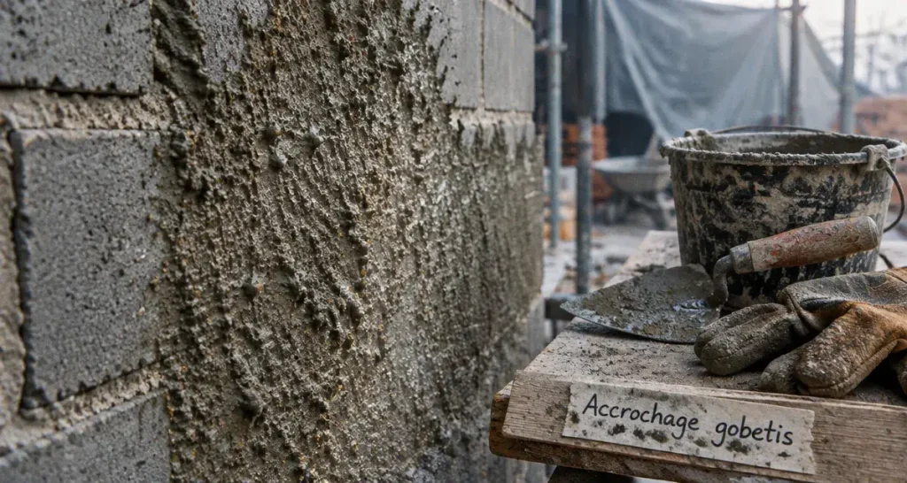 Gobetis d'accrochage sur mur en parpaing, mortier projeté