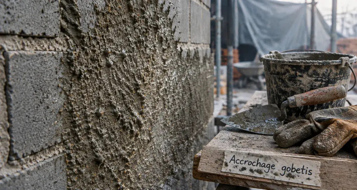Gobetis d'accrochage sur mur en parpaing, mortier projeté