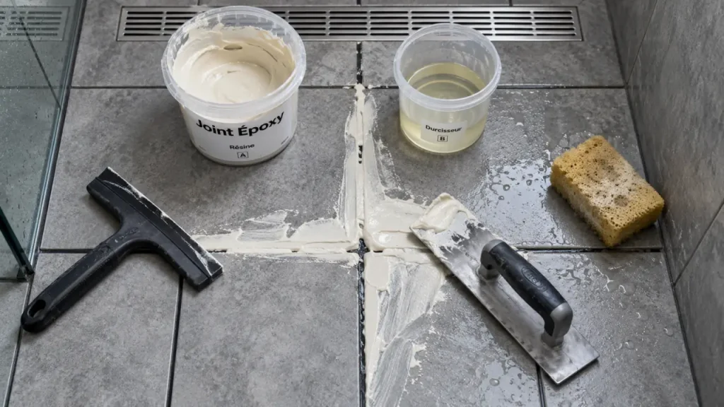Joint epoxy douche sur carrelage, applicateur et raclette