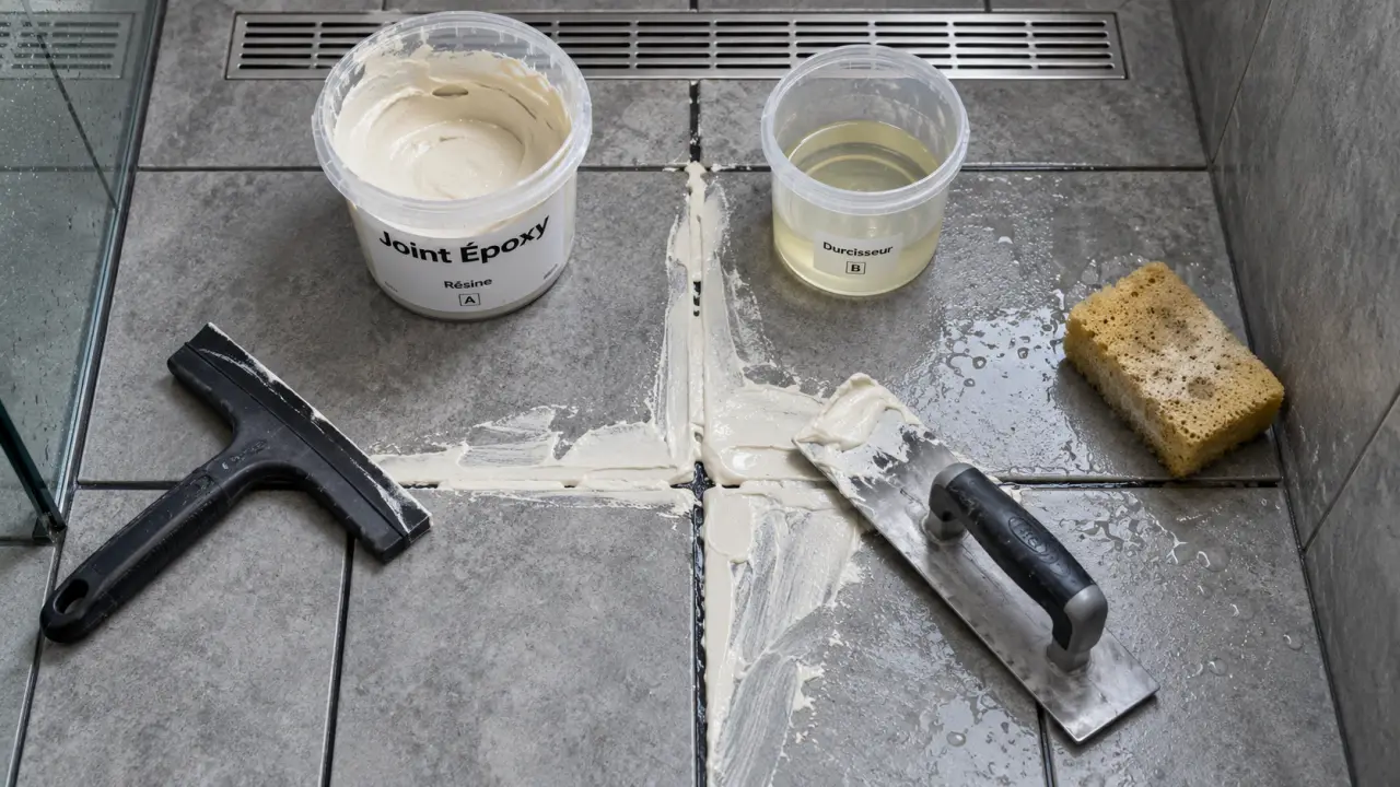 Joint epoxy douche sur carrelage, applicateur et raclette