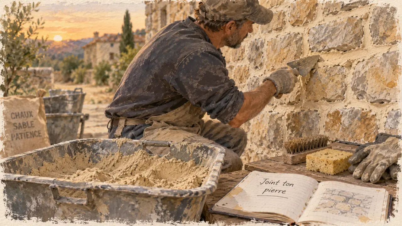 Joint pierre : artisan jointoyant un parement en pierre à la chaux