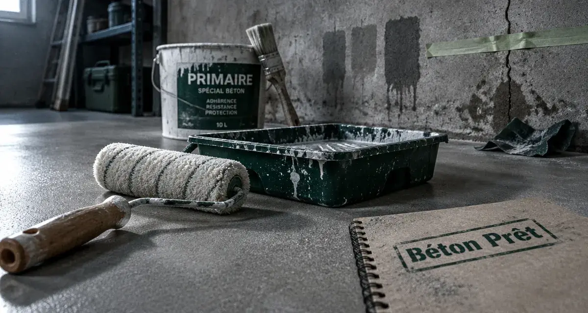 Peinture sur beton sur dalle béton poncée, rouleau et primaire