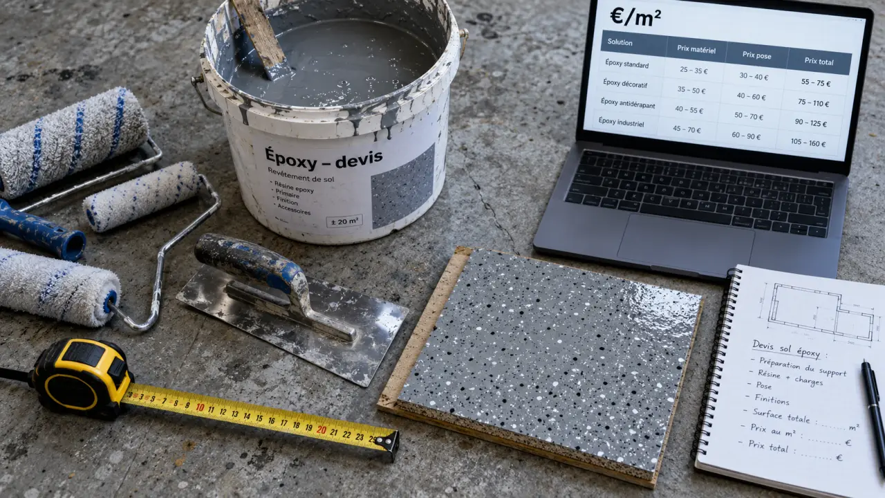 Prix plancher époxy au m² : échantillon sur béton et matériel de pose